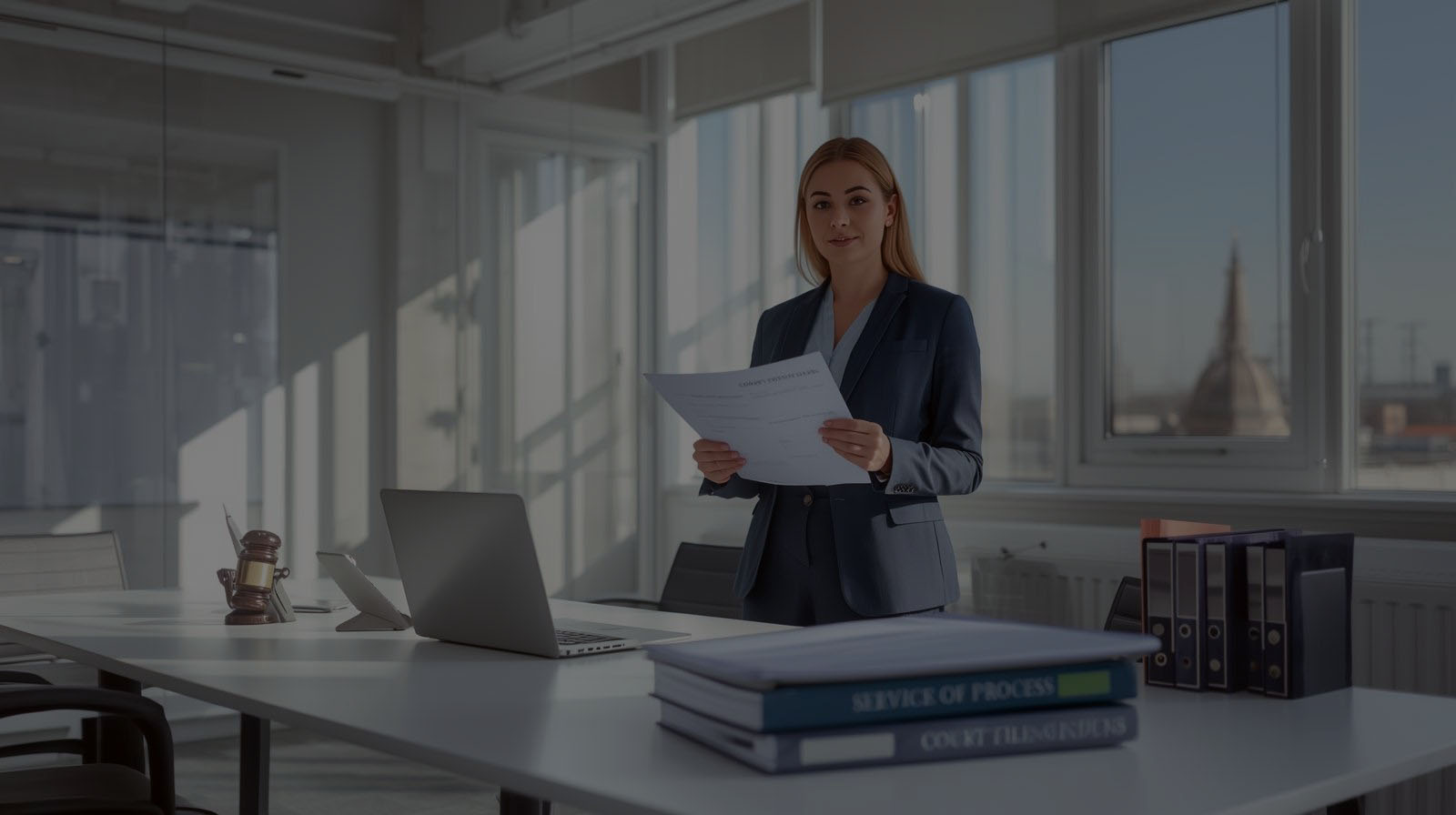 Female legal professional reviewing court documents and affidavits at a bright modern office desk, conveying trust and accuracy in Tennessee process serving.