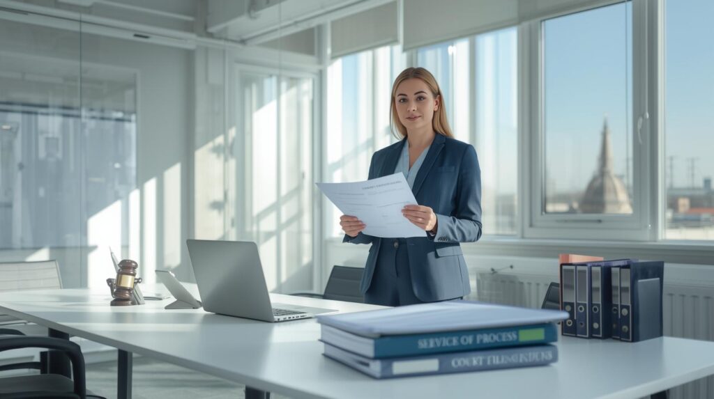 Female legal professional reviewing court documents and affidavits at a bright modern office desk, conveying trust and accuracy in Tennessee process serving.