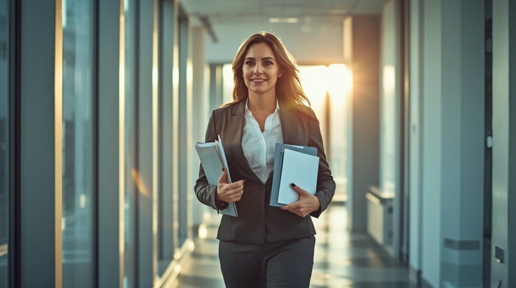 Female legal professional walking confidently in a modern office corridor with folders and affidavits, representing diligence, integrity, and clear communication.