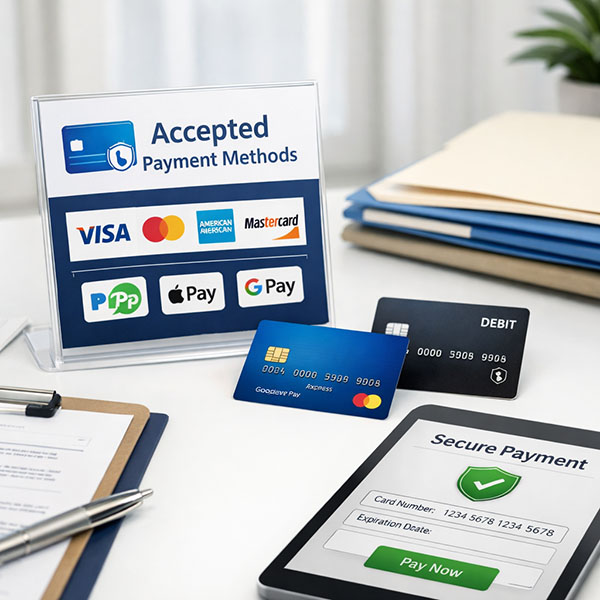 Display of accepted payment methods for legal services including credit cards, debit cards, and secure online payment options on a professional office desk.