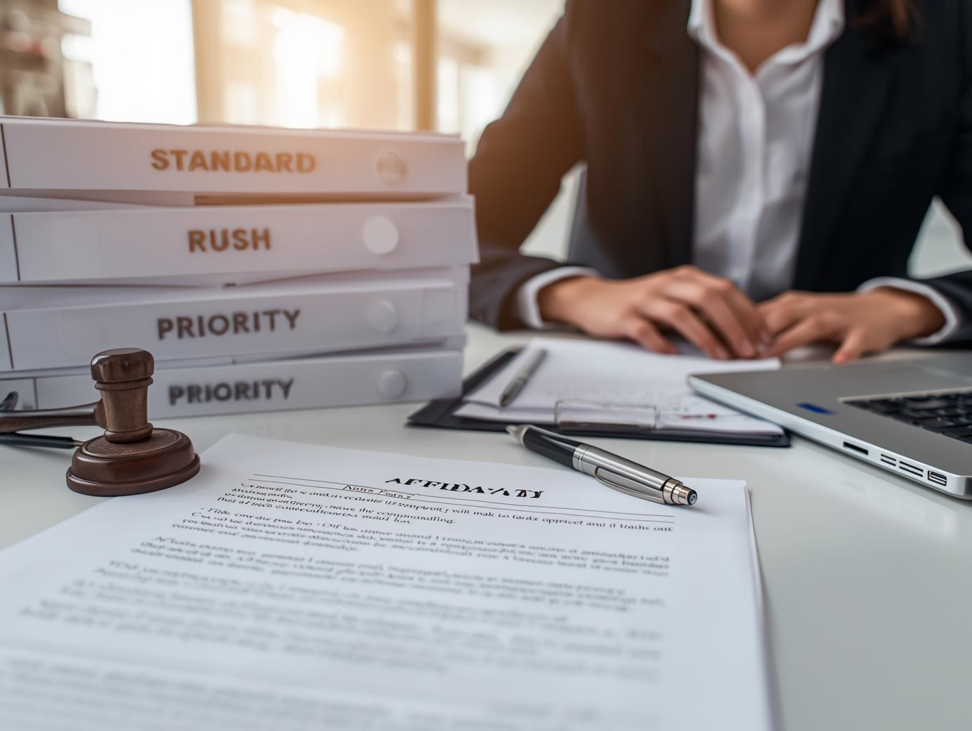 Close-up of affidavit paperwork with folders labeled Standard, Rush, and Priority, notary stamp and pen on the desk, as a female legal professional reviews documents beside a laptop showing service completion logs, representing expedited and reliable affidavit processing.