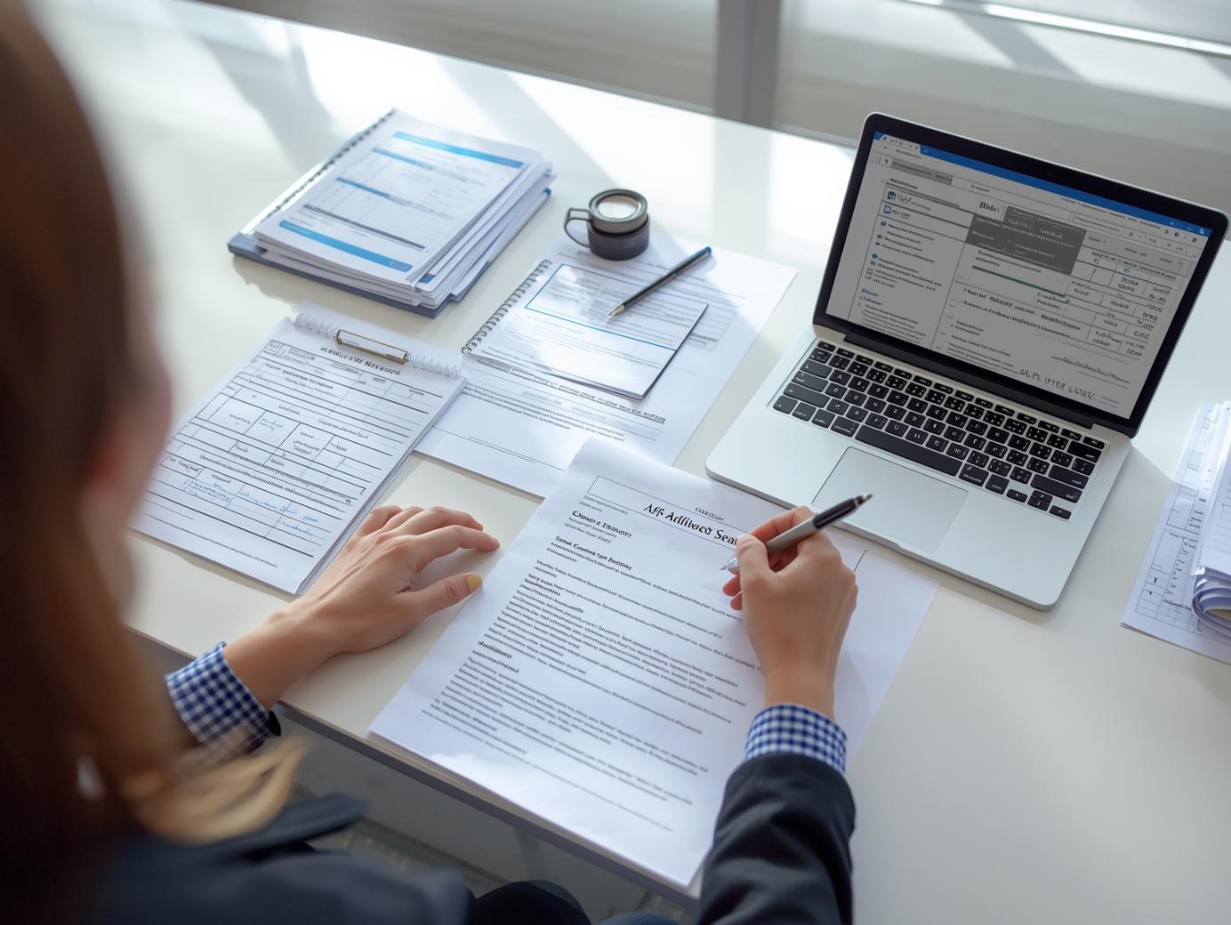 Female legal professional reviewing and signing an affidavit of diligent search with organized attempt logs showing dates, times, addresses visited, and service notes on a bright office desk.