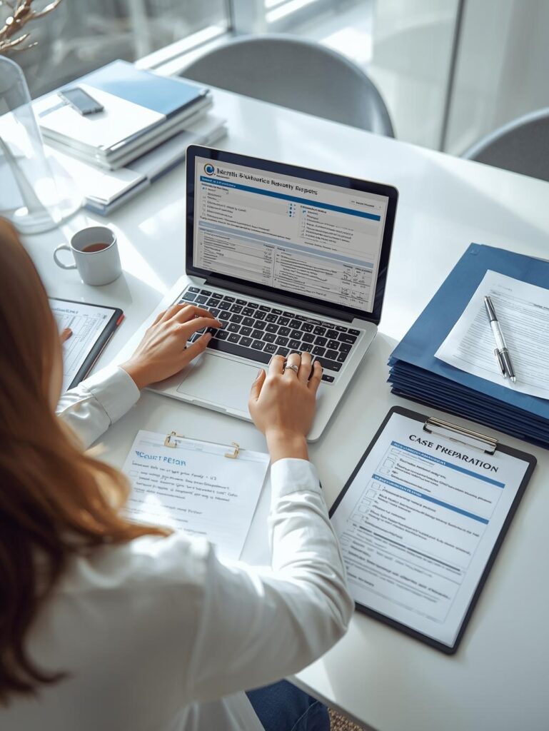Female legal investigator reviewing background check reports, court records, and address history on a laptop and case files to verify information for a legal matter.