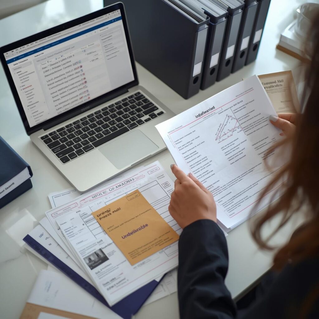Female legal professional reviewing skip tracing research, returned mail, and address verification documents to locate a defendant or witness for service of process.