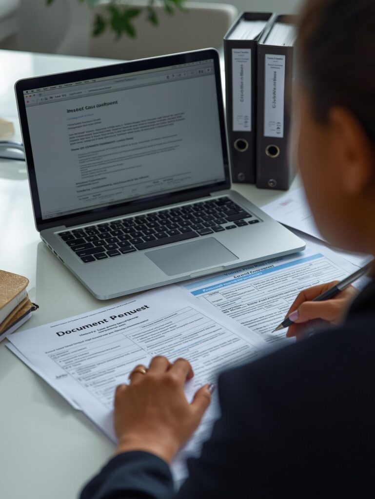 Female legal professional preparing subpoena documents for witness testimony, depositions, and records requests in a litigation case.