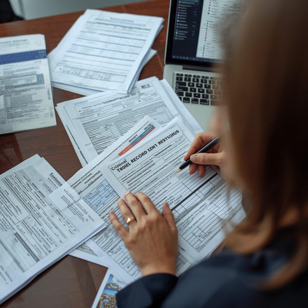 Female legal investigator reviewing background check records including criminal court records, civil litigation history, bankruptcy filings, and address history to support legal case research.