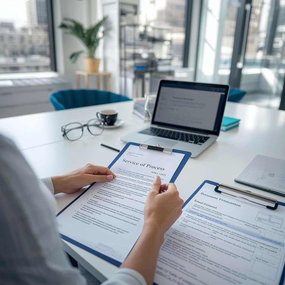 Female legal professional reviewing completed service of process documents and a court-ready affidavit while sending confirmation to an attorney client, representing reliable communication and timely case closure.