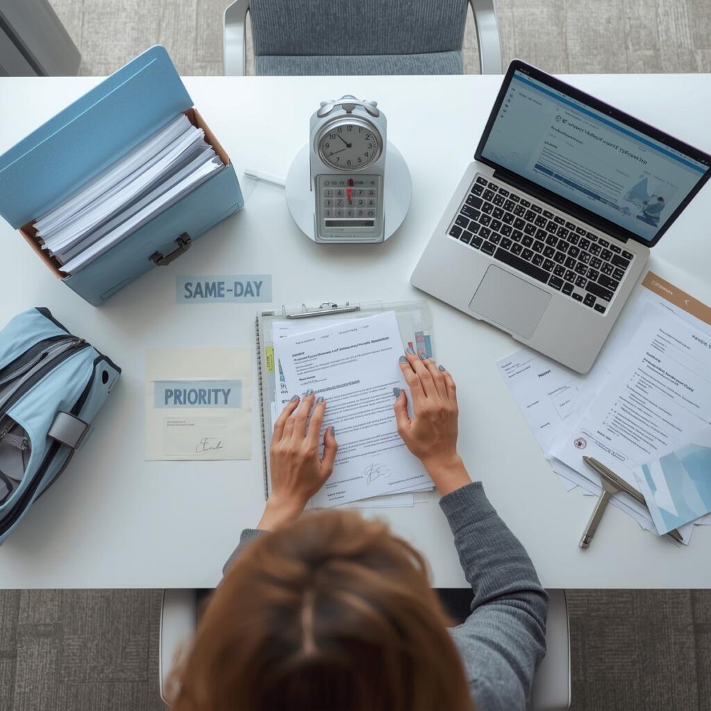 Female legal professional preparing affidavits, motions, and exhibits for courthouse delivery with locked courier bag, signed receipts, and laptop showing e-filing confirmation, representing secure, same-day, and priority court filing services.