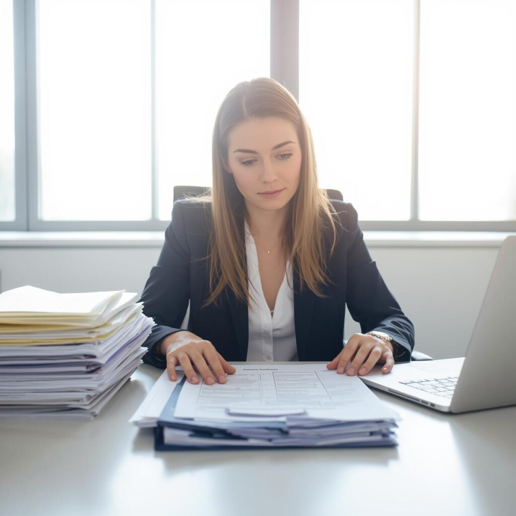 Female legal professional preparing court filings, e-filing documents, and organizing record pulls at a bright office desk, representing accurate, attorney-focused legal support and post-judgment services in Tennessee.