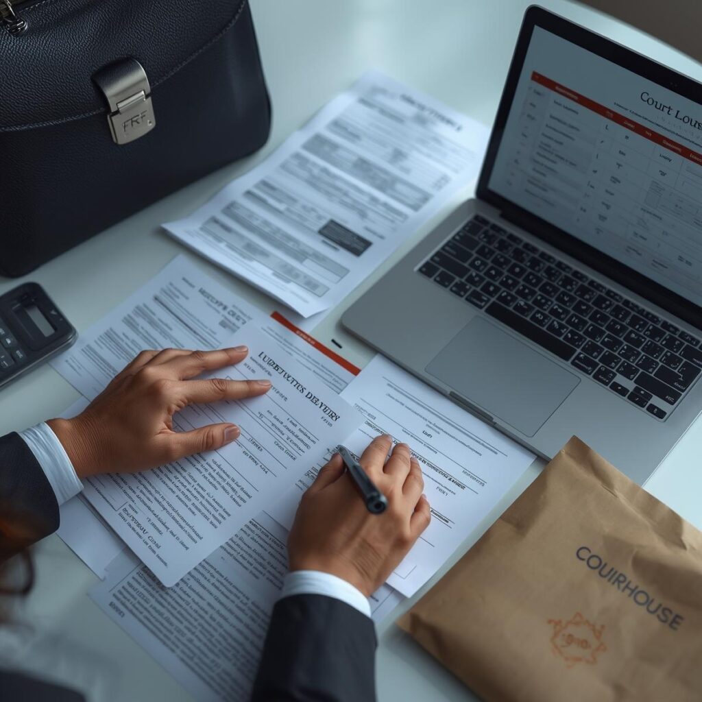 Female legal professional coordinating same-day courthouse delivery of affidavits, subpoenas, and writs, with signed delivery receipts and chain-of-custody logs on a bright office desk, representing secure and timely court filings.