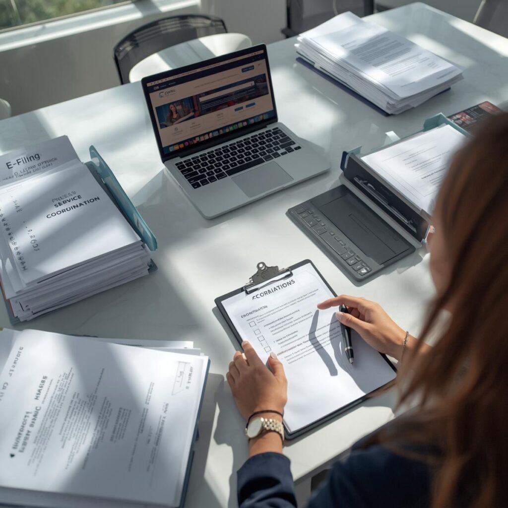 Female legal professional organizing court filing service options including e-filing, clerk office submission, process service coordination, and rush filing for attorney case documents.