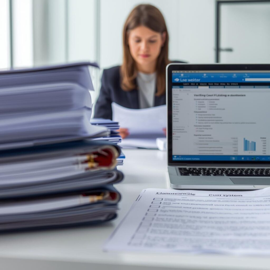 Female legal professional preparing court filing documents and reviewing an electronic filing portal to submit case paperwork for attorneys.