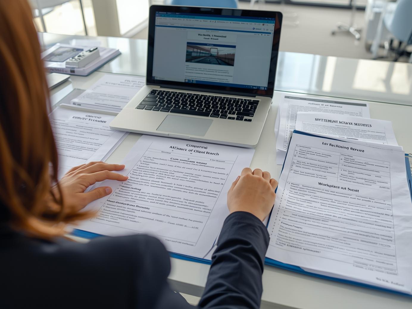 Female legal professional organizing an affidavit of diligent search with chronological service attempt logs, supporting photos, vehicle notes, skip tracing results, and notary jurat prepared for Tennessee court filing.