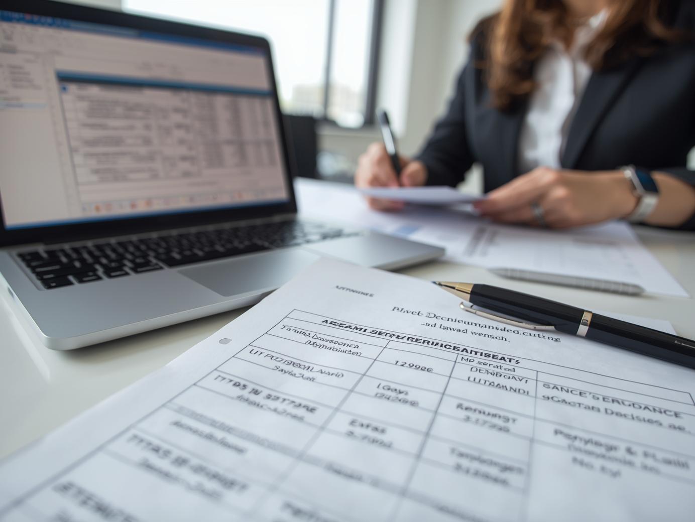 Close-up of legal attempt logs showing repeated service attempts with dates, times, and address notes as a female legal professional reviews the case file in a bright office.