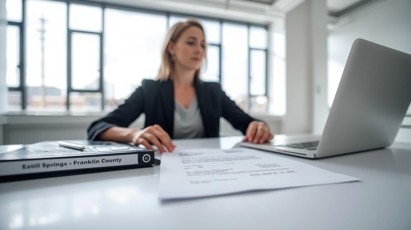 Female legal professional reviewing court affidavits formatted for Franklin County courts in a bright office, representing tailored process service support for Estill Springs and Winchester, Tennessee.