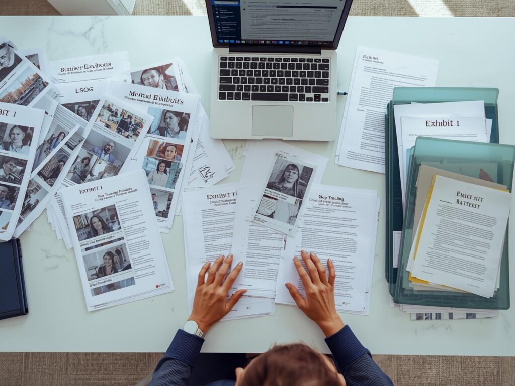 Female legal professional organizing timestamped photo exhibits, server logs with GPS/time metadata, and skip tracing reports on a bright office desk, representing proper evidentiary best practices and chain-of-custody documentation.