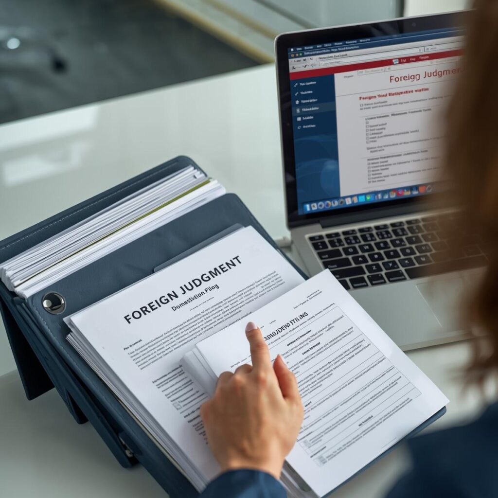 Female legal professional reviewing out-of-state judgment documents and preparing Tennessee court filing for foreign judgment domestication.