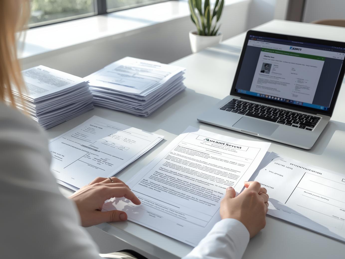 Over-the-shoulder view of a female legal professional reviewing a court-ready affidavit of garnishment with conformed copies, timestamped photo and video evidence, attempt logs, email confirmation, and optional e-filing receipt in a bright office setting.