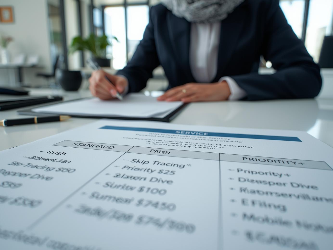 Close-up of labeled service and pricing documents for Standard, Rush, Priority, and Priority+ garnishment bundles with add-ons like Skip Tracing, Deeper Dive, Surveillance, E-Filing, and Mobile Notary, reviewed by a female legal professional in a bright office, representing attorney-focused post-judgment garnishment planning.