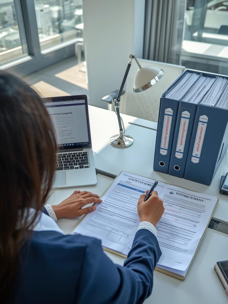 Female legal professional reviewing out-of-state judgment documents and preparing Tennessee court filing for interstate judgment domestication and enforcement.