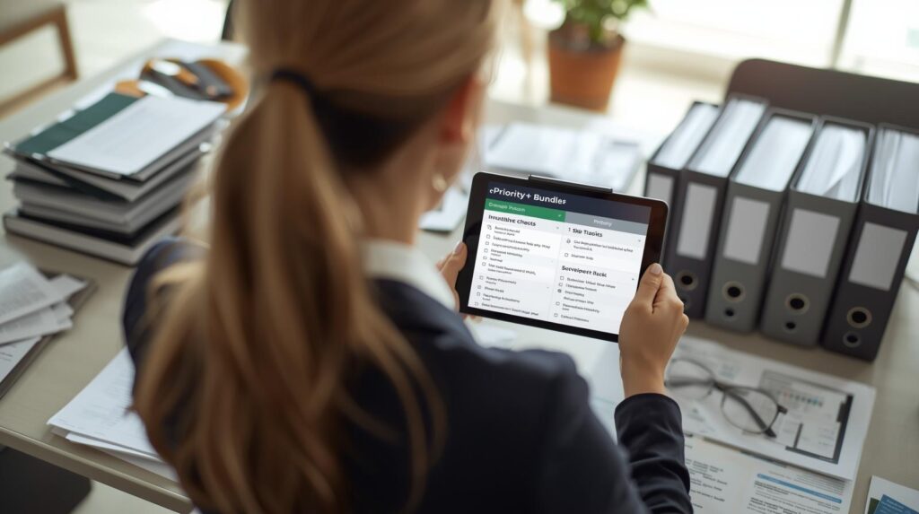 Over-the-shoulder view of a female legal professional analyzing investigative documents and reports for skip tracing, background checks, and surveillance, representing integrated investigative and add-on support for attorneys in Tennessee.