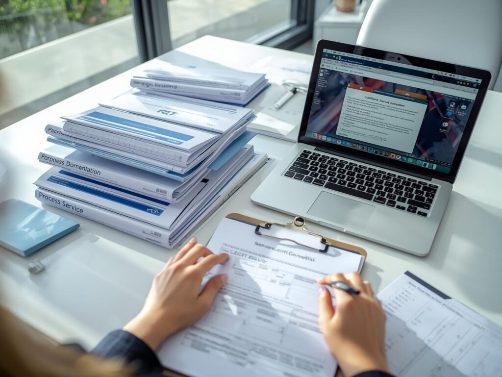Female legal professional organizing foreign judgment registration, subpoena domestication, court filing, and process service documents for interstate legal matters.