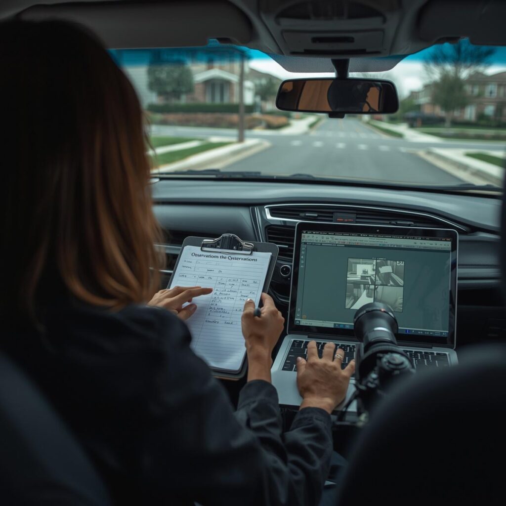 Female legal investigator documenting surveillance observations from a vehicle using camera equipment and observation logs to verify residence and activity for a legal case.