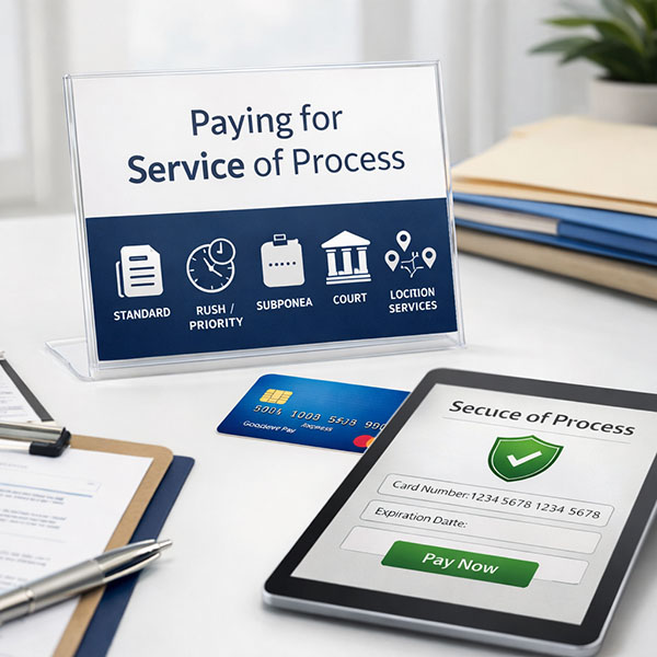 Online payment for service of process showing credit card payment on tablet with legal service icons for subpoenas, rush service, and court document delivery.