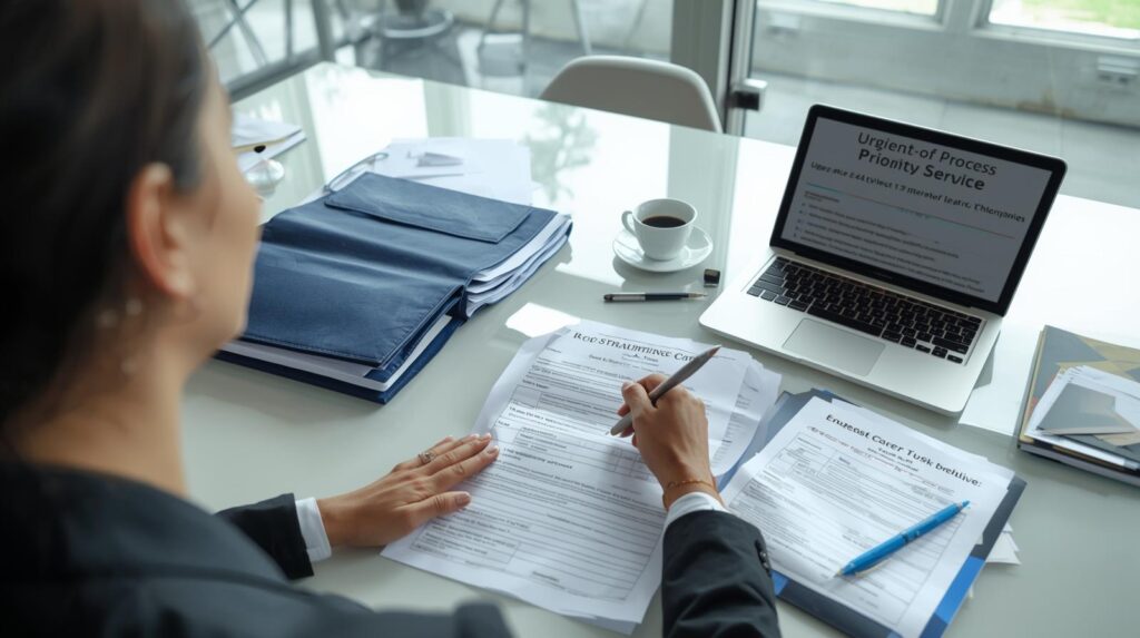 Female legal professional preparing urgent service of process documents for emergency hearings and time-sensitive litigation deadlines.