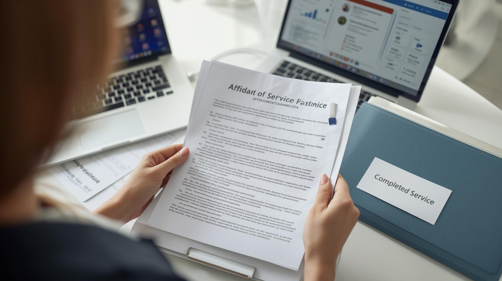 Over-the-shoulder view of a female legal professional reviewing a court-ready affidavit of service with timestamped photographic proof, conformed copies, email confirmation, and e-filing receipt in a bright office setting.