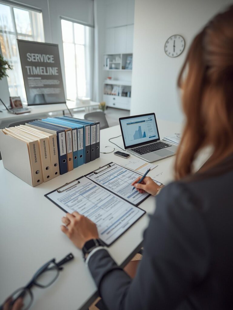 Female legal professional reviewing service tier folders labeled Standard, Rush, and Priority beside a laptop showing case timeline and service updates, representing timely service of process and documented attempts.