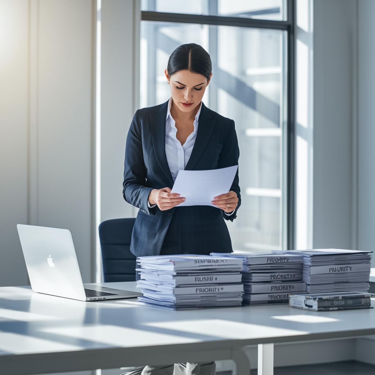 Female legal professional reviewing organized court documents labeled Standard, Rush, Priority, and Priority Plus in a bright office, representing tiered process serving options in Tennessee.