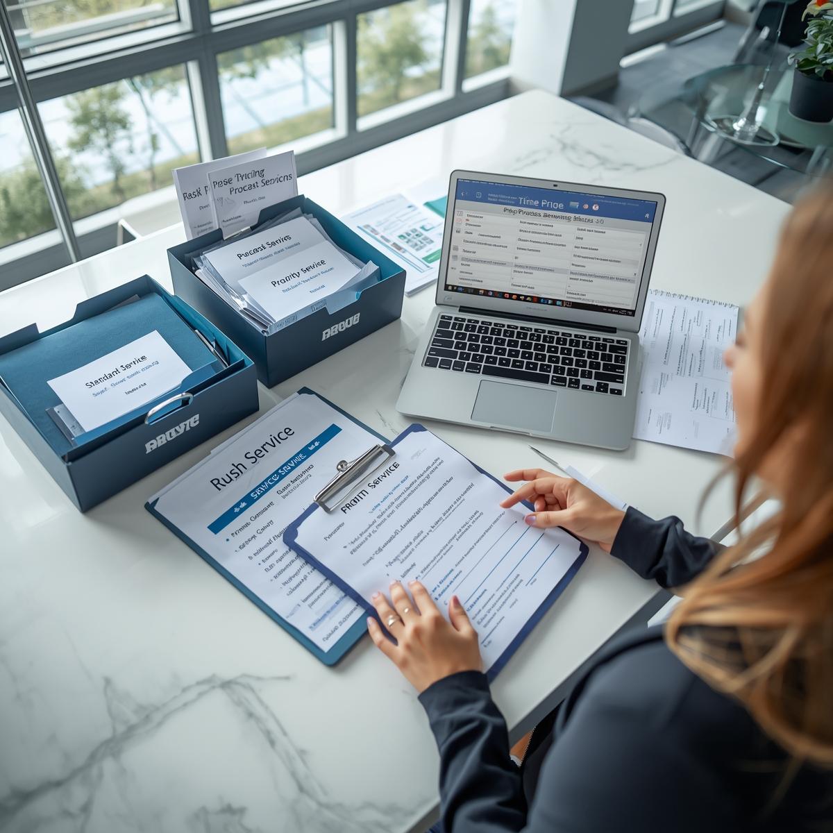 Female legal professional reviewing process serving service tiers including standard, rush, and priority options for Tennessee legal cases.