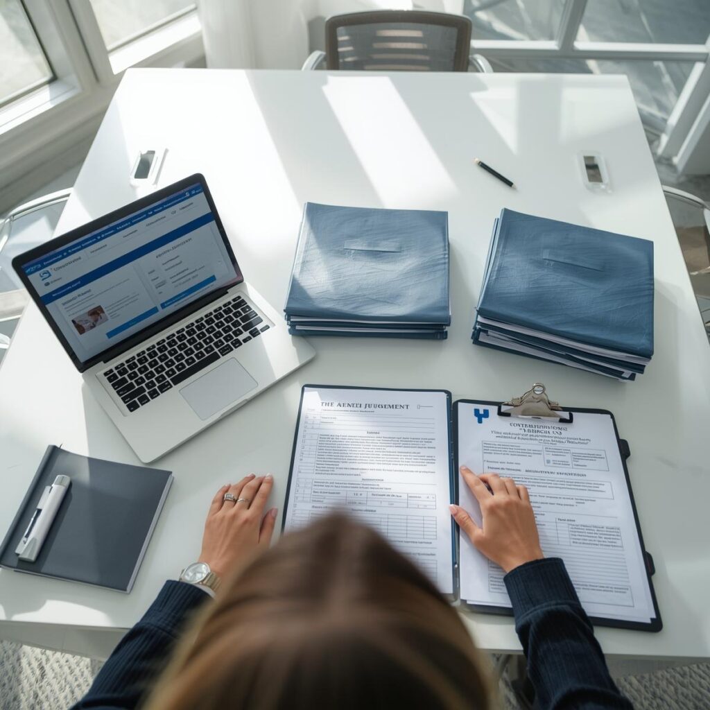 Female legal professional reviewing authenticated foreign judgment documents and preparing Tennessee court filing under the Uniform Enforcement of Foreign Judgments Act.