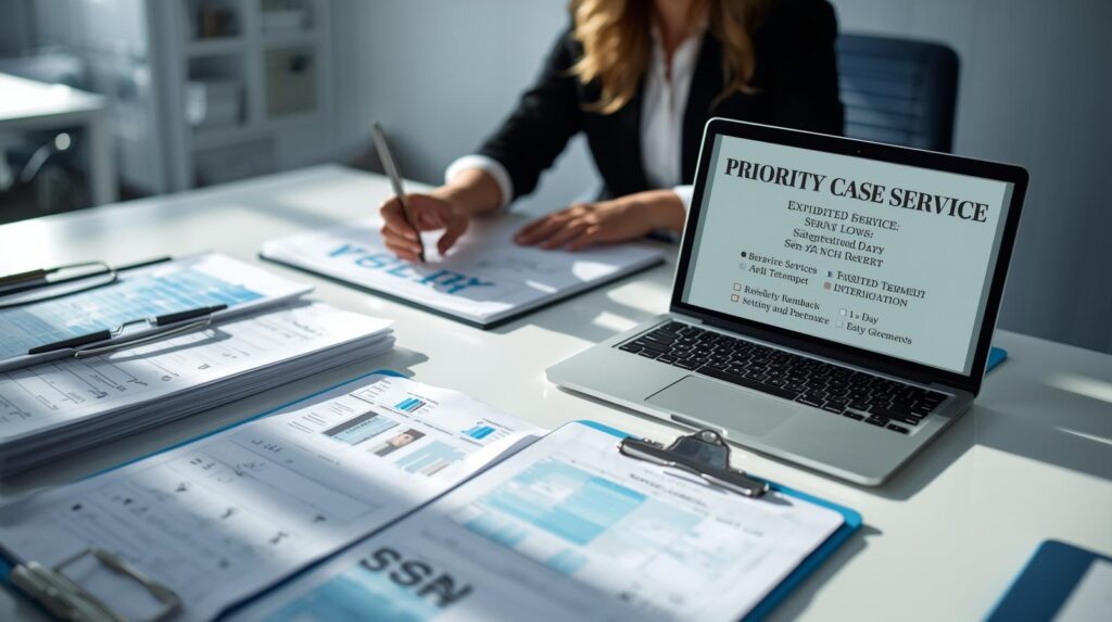 Female legal professional reviewing expedited legal service documents and service attempt timeline representing rush process serving for tighter court deadlines.