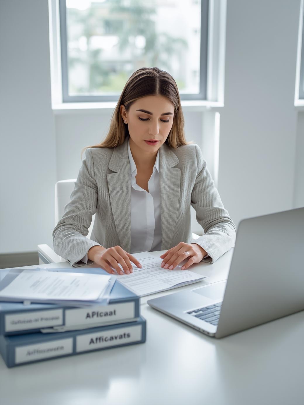 Female legal professional reviewing and organizing PDF case documents at a bright office desk, representing secure and accurate document submission for attorneys in Tennessee.