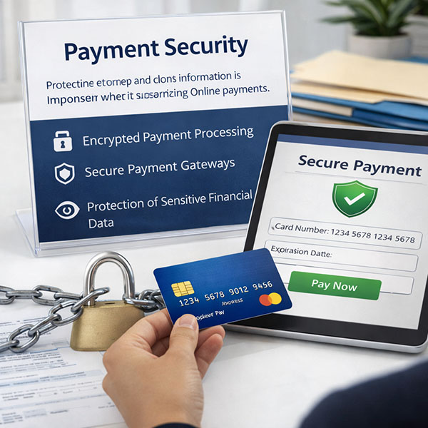 Secure online payment for legal services showing encrypted payment processing with credit card and tablet checkout screen.