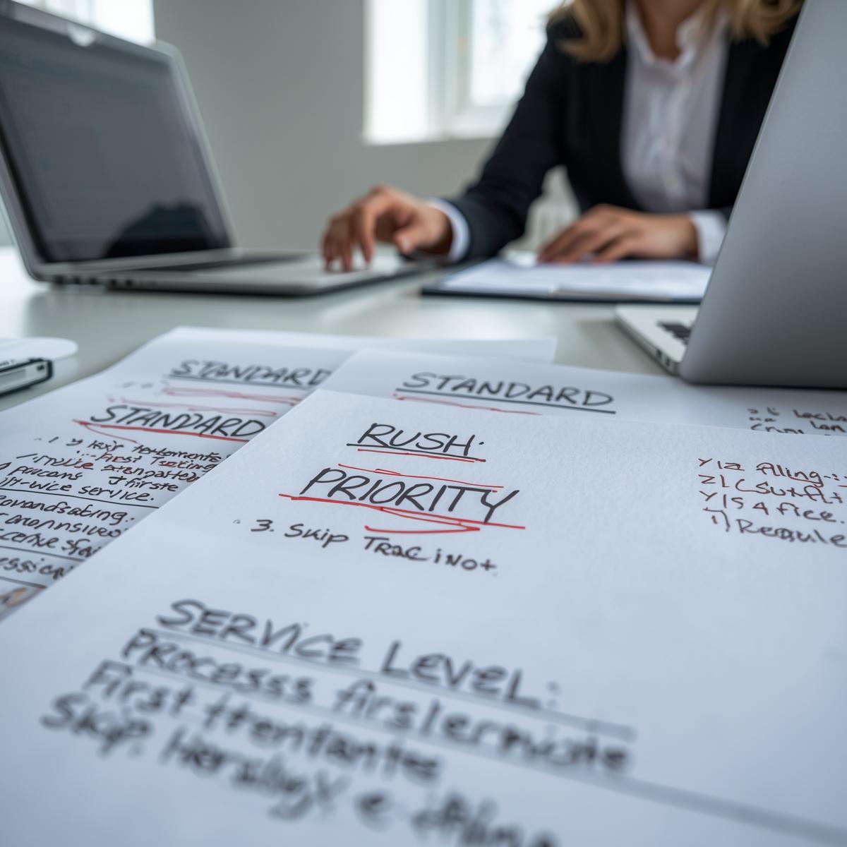 Close-up of labeled service-level documents—Standard, Rush, Priority, Priority+—with notes on deadlines, first attempts, and skip tracing/e-filing, reviewed by a female legal professional in a bright office, representing tiered process service guidance for attorneys.