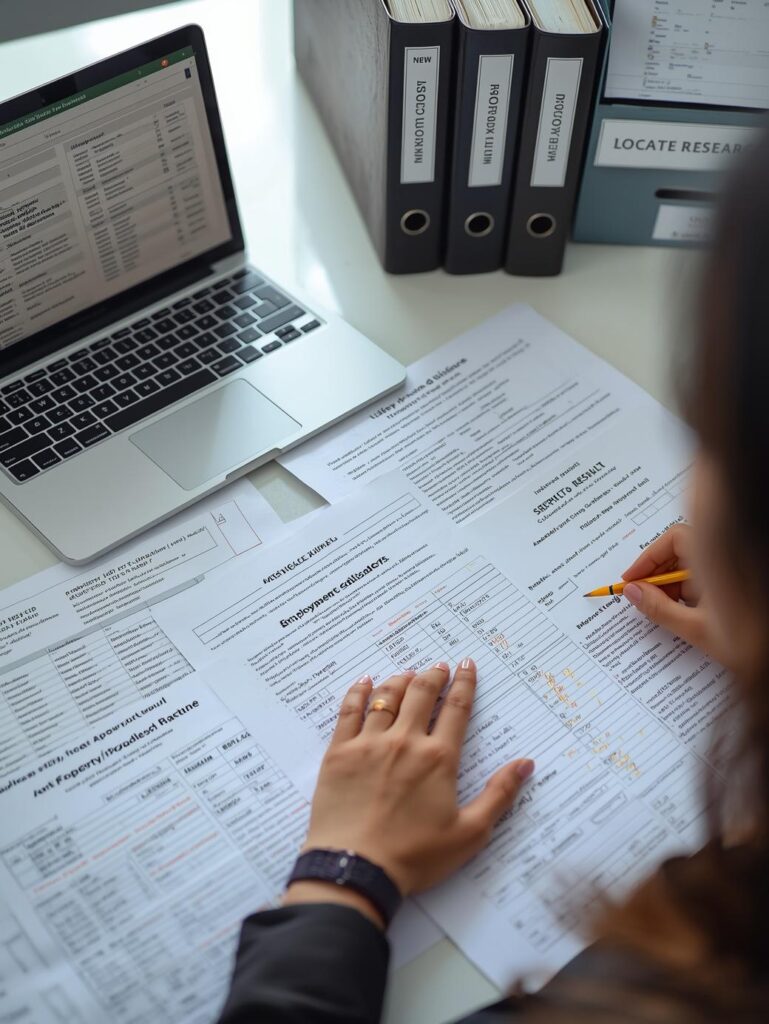Female legal professional reviewing skip tracing research including address history, phone records, employment leads, and property data to verify locations for service of process.