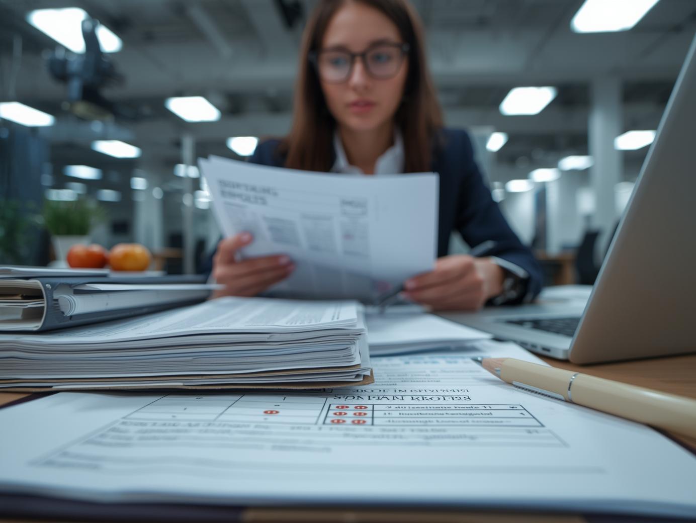 Female legal professional reviewing skip tracing research and address verification documents to locate an individual for service of process.