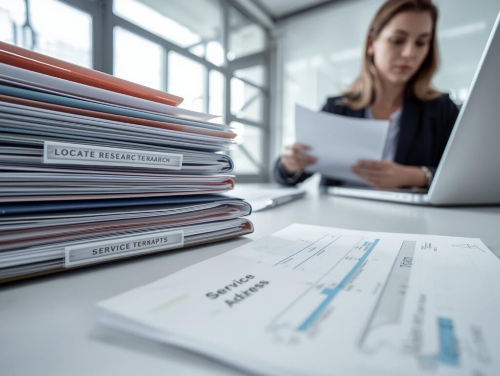 Female legal professional reviewing skip tracing results and service planning documents labeled locate only, locate and attempt, and evasive party investigation to guide service of process decisions.