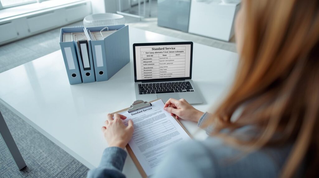 Female legal professional reviewing routine process service documents and service attempt schedule representing standard service for civil complaints and subpoenas.