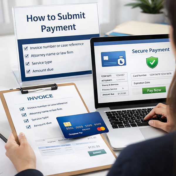 Female legal professional verifying invoice details and submitting payment through a secure online portal for a service of process assignment.