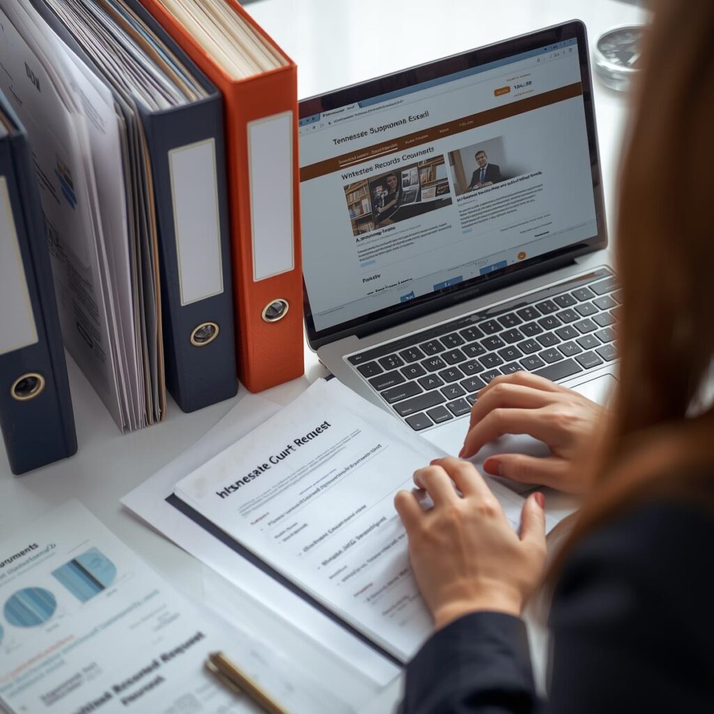 Female legal professional reviewing out-of-state subpoena documents and preparing Tennessee court filing under the Uniform Interstate Depositions and Discovery Act.