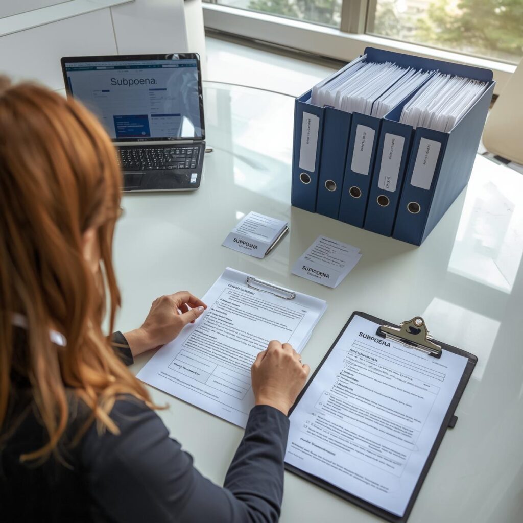 Female legal professional preparing subpoena documents and reviewing court formatting requirements before service of process.