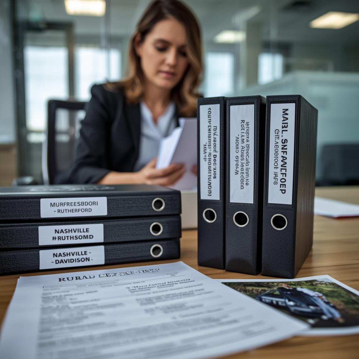 Female legal professional reviewing county-specific affidavit formatting requirements and docket procedures for Rutherford County, Davidson County, and rural Tennessee service areas, with vehicle details and address photo for first-attempt accuracy.