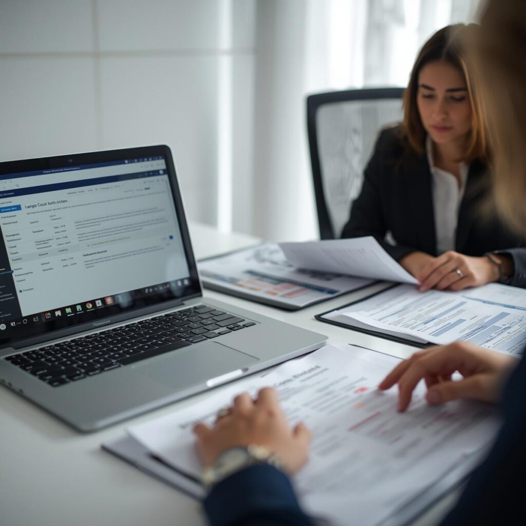 Female legal professional submitting court documents through a laptop e-filing portal with organized pleadings and exhibits on a desk, representing electronic filing for Tennessee courts.