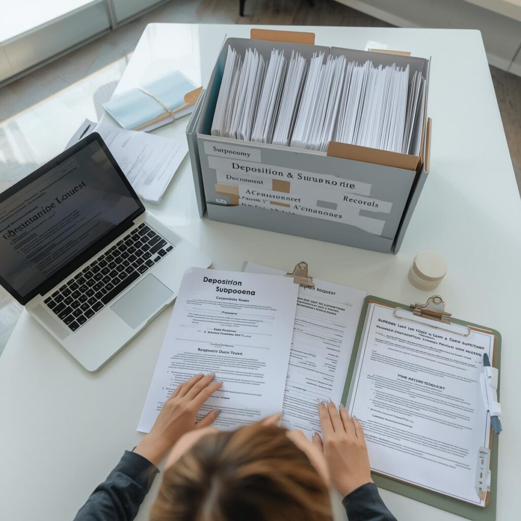 Female legal professional organizing subpoena documents for witness testimony, depositions, and records requests with court case details on a desk.