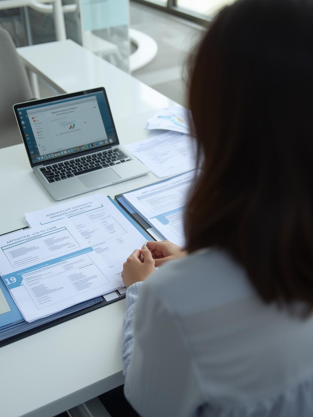 Over-the-shoulder view of a female legal professional reviewing organized affidavits and court documents on a bright office desk, representing reliable, attorney-focused process serving in Tennessee.